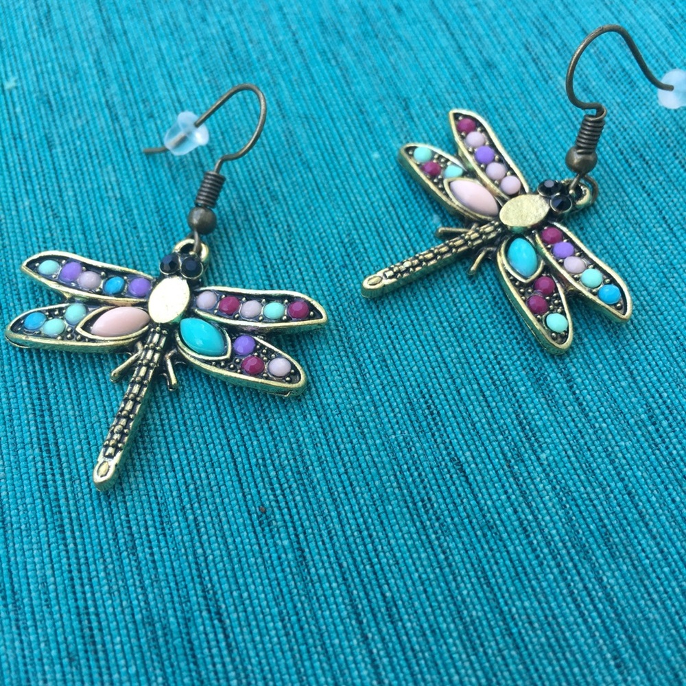 Colorful Bronzed Whimsical DragonFly Earrings - Picture 2 of 4